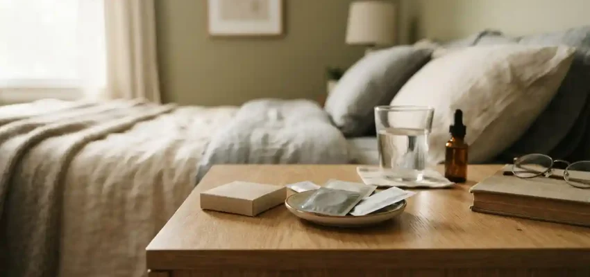 Unopened condom packages arranged on a modern bedside table in a private bedroom setting