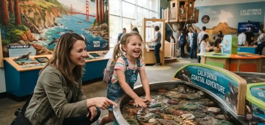 Child exploring an interactive children's museum exhibit with a parent in California
