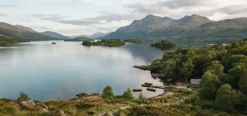 Panoramic view of Loch Lomond surrounded by wooded islands and Scottish mountains