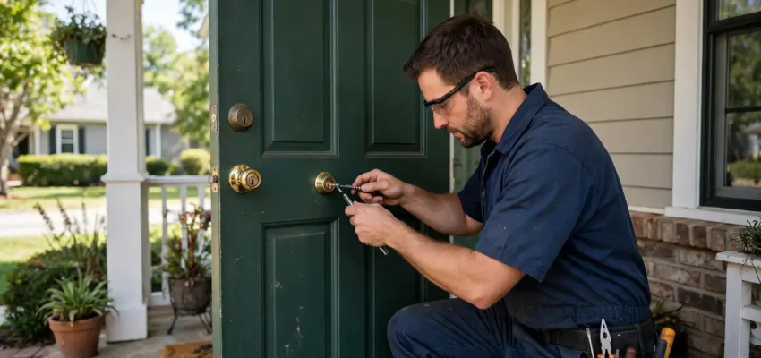 Locksmith cost in the USA — professional locksmith working on a residential front door lock in 2026