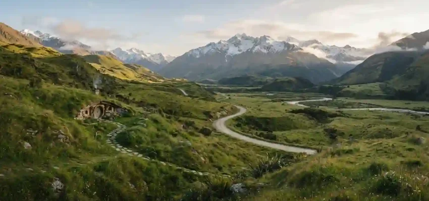 New Zealand landscape with green hills, mountains, and a hobbit-style dwelling