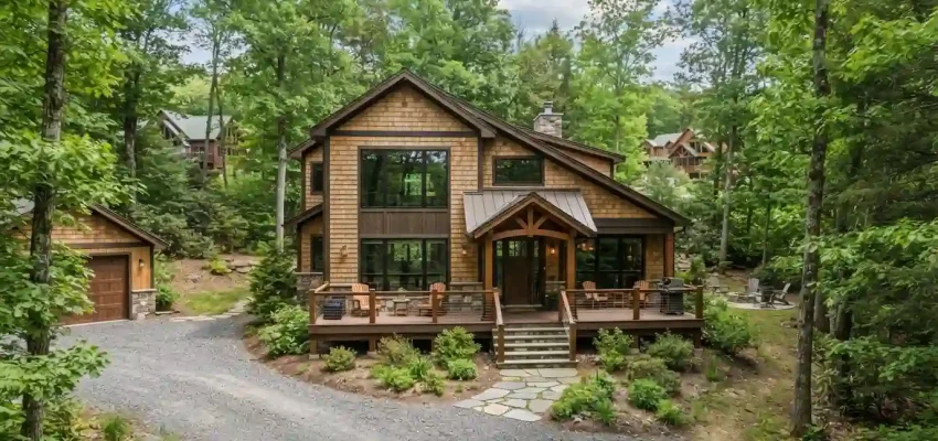 Mountain home surrounded by wooded landscape in the Pocono Mountains near Masthope, Pennsylvania