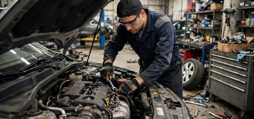 Car mechanic repairing engine in auto repair shop