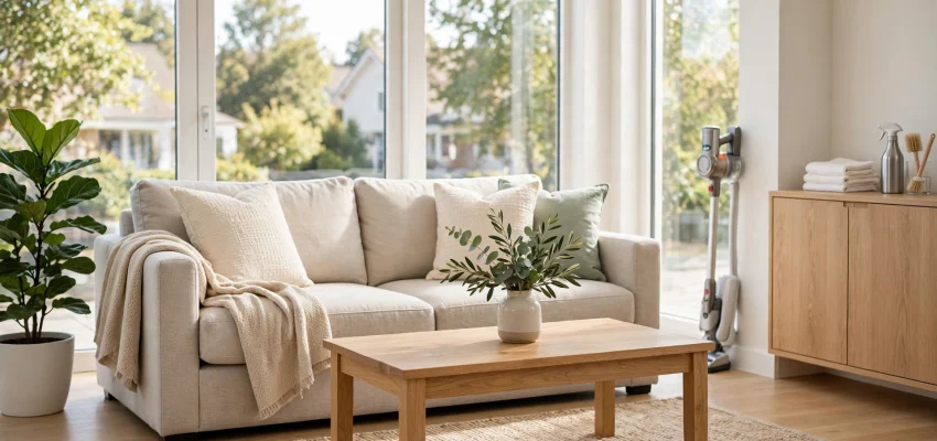 Professional cleaning service worker cleaning a bright living room