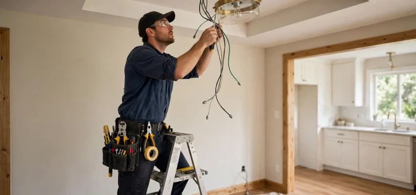 Electrician installing ceiling light fixture in a home