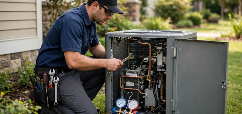 HVAC technician servicing outdoor AC unit