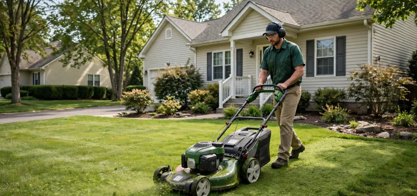 Landscaper mowing a lush green lawn