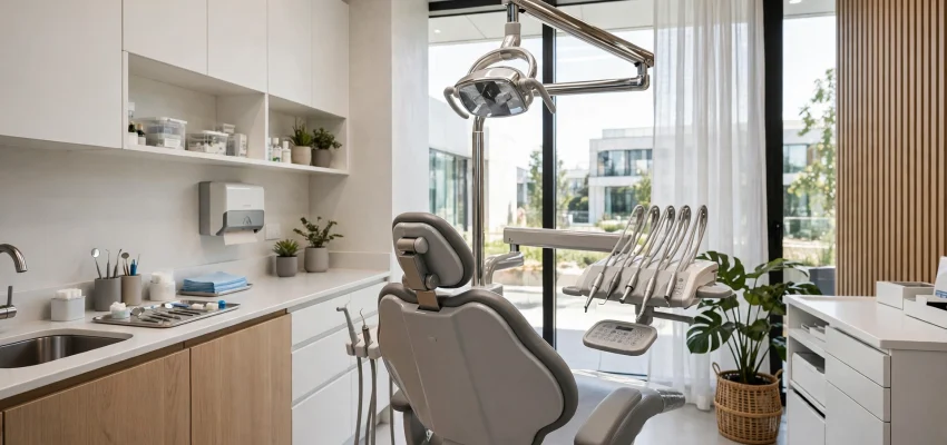 Modern dental office interior with clean exam chairs