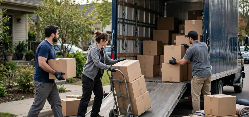 Professional movers loading boxes into a moving truck
