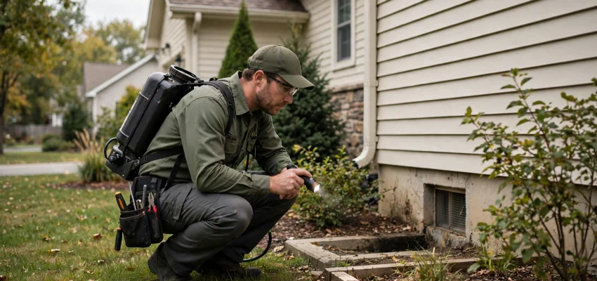 Pest control technician treating home exterior for pest prevention