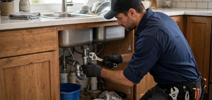 Plumber fixing kitchen sink drain in a home