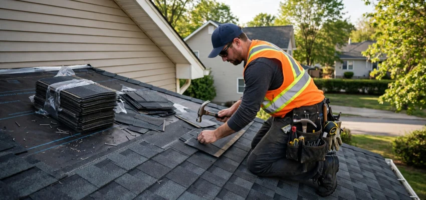 Roofer installing asphalt shingles on a house roof