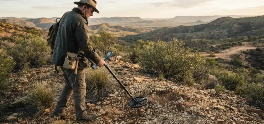 Detectorist using a modern metal detector across rocky terrain during a gold exploration search
