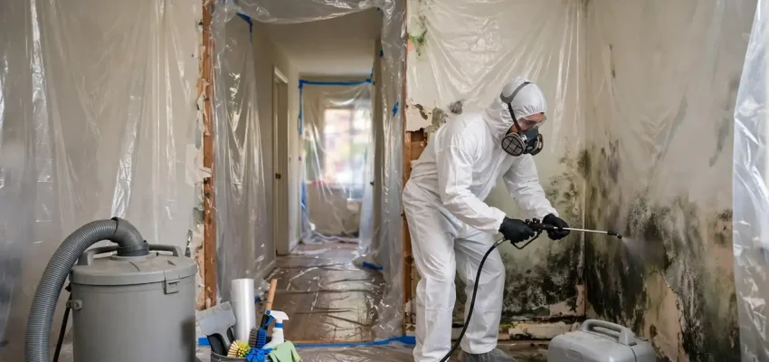 Mold remediation cost: technician in protective suit treating a moldy wall inside a containment area