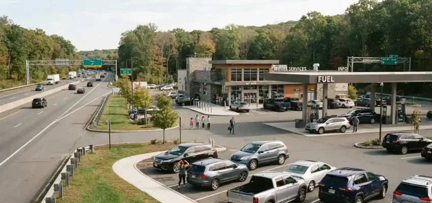 Modern roadside travel plaza along the Garden State Parkway in Montvale, New Jersey