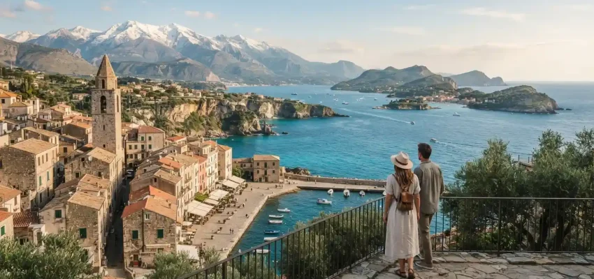 Travelers overlooking a scenic combination of historic architecture, coastline, islands, and mountains