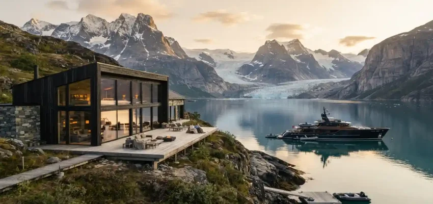Luxury lodge beside an Arctic fjord with mountains and an expedition boat in the distance