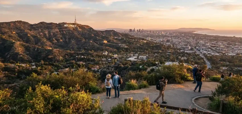 Los Angeles skyline and Hollywood Hills with the Hollywood Sign at golden hour