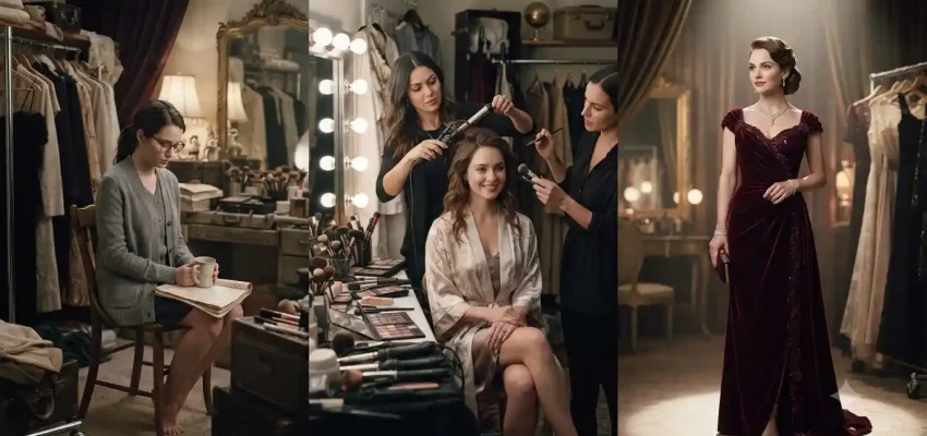 Cinematic fashion transformation showing a fictional character before, during, and after a movie makeover