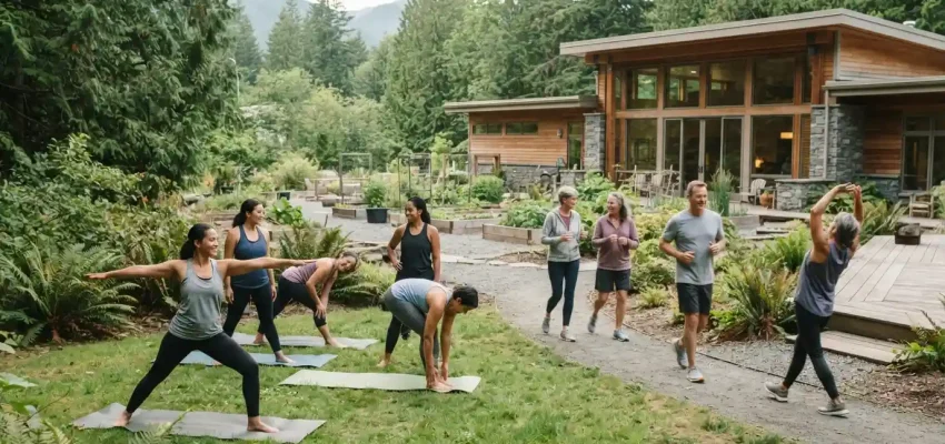 Adults participating in a community wellness and fitness activity in a natural setting
