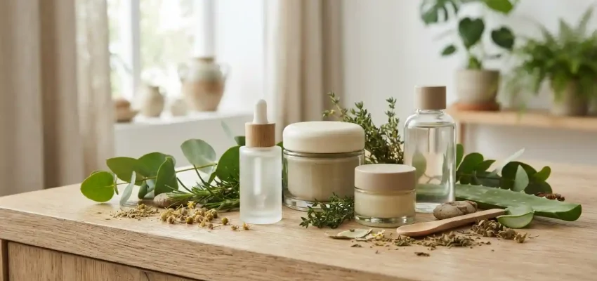 Natural skincare products arranged with fresh botanical ingredients on a clean surface