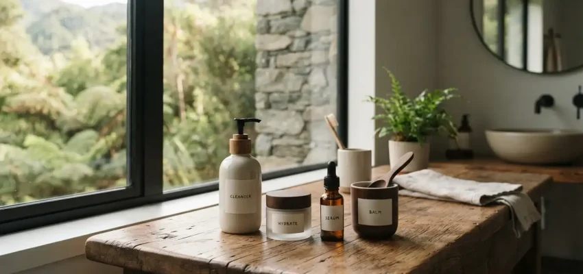 Natural skincare products arranged on a wooden vanity with botanical greenery in a bright New Zealand-inspired setting.