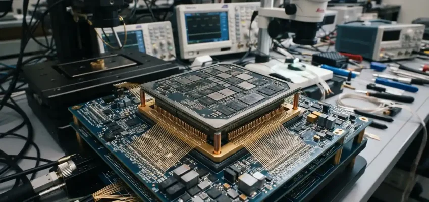 Advanced semiconductor chipset displayed in a modern electronics development laboratory