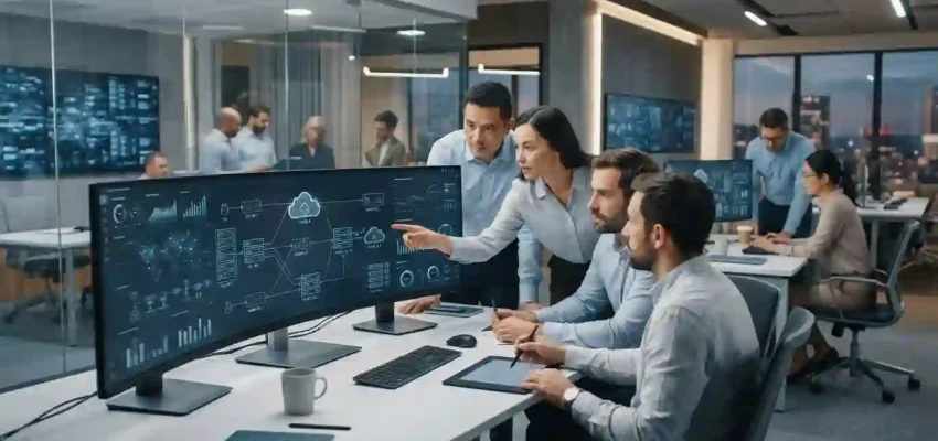 Business professionals using connected digital technology and analytics systems in a modern office