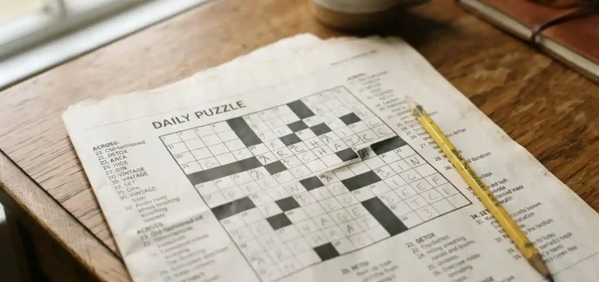 A crossword puzzle grid on a newspaper with a pencil beside partially completed answers