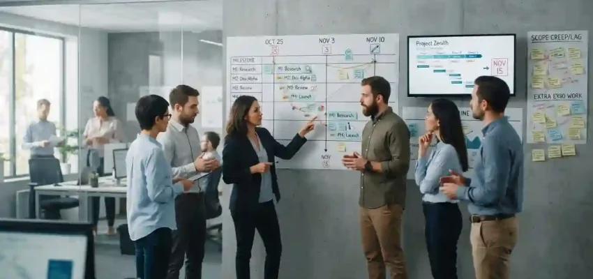 High-output team managing project deadlines and a structured timeline in a modern office