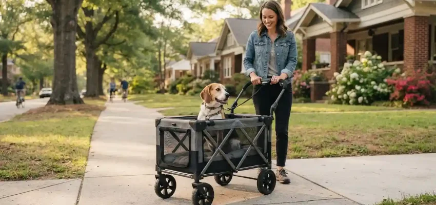 Dog riding safely in a pet wagon on a Durham, North Carolina walking path