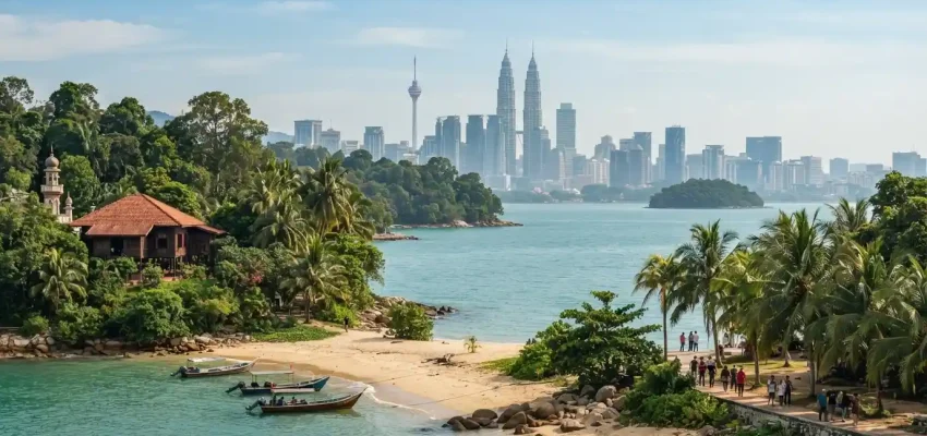 Kuala Lumpur skyline and tropical Malaysian coastline representing popular places to visit in Malaysia