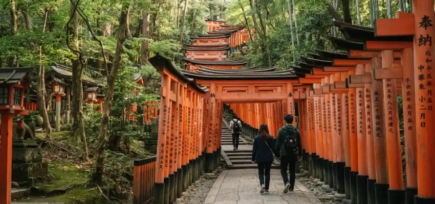 Visitors walking through vermilion torii gates on a wooded path at Fushimi Inari Shrine in Kyoto