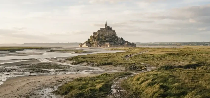 Mont Saint Michel overlooking the tidal bay and surrounding Normandy landscape