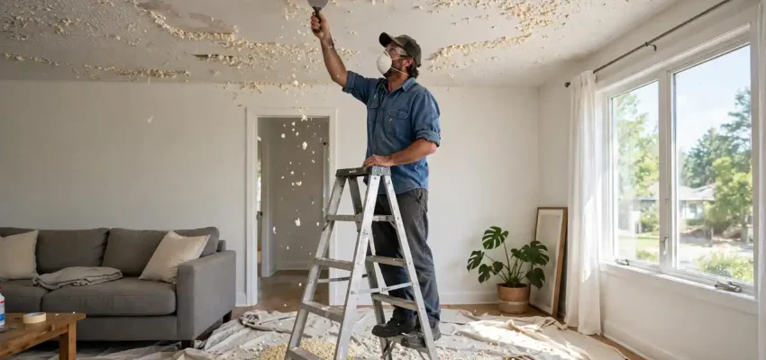 Popcorn ceiling removal cost 2026 — worker scraping popcorn texture from a living room ceiling