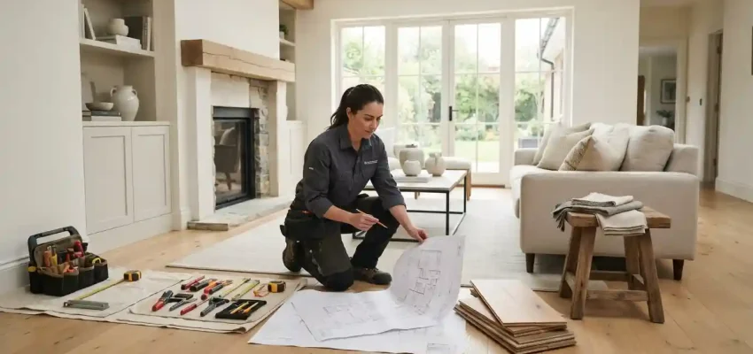 Professional home improvement expert reviewing renovation plans in a modern living room