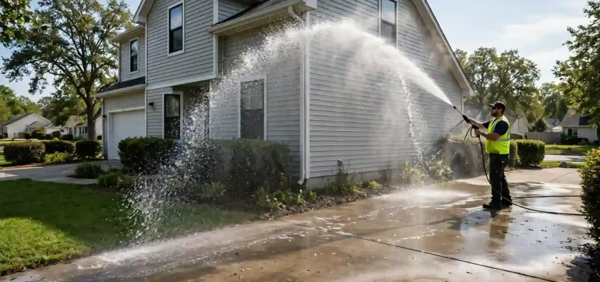 Pressure washing cost: technician washing the exterior of a two-story suburban home