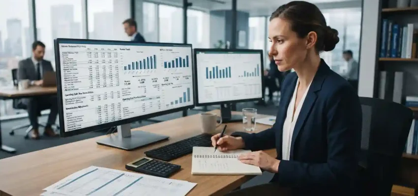 Financial analyst reviewing company earnings, cash flow, and profitability data on a computer screen.