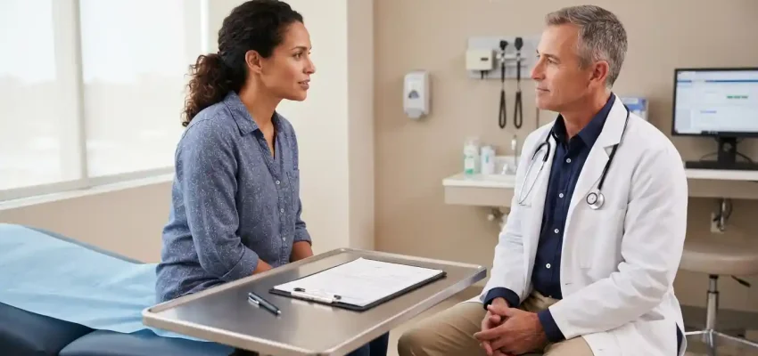 Patient discussing a medical treatment refusal with a physician in a healthcare examination room