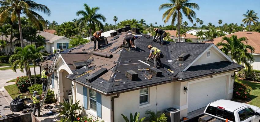 Roofing crew installing asphalt shingles on a suburban home in Miami Florida