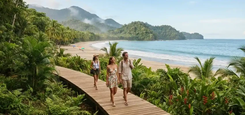 Travelers exploring a peaceful tropical Costa Rican destination surrounded by lush greenery and scenic mountains.