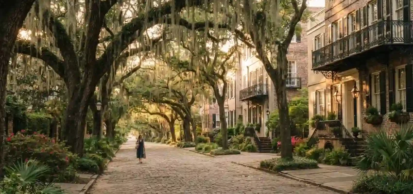 Historic Savannah street lined with moss-draped oak trees and traditional Southern architecture
