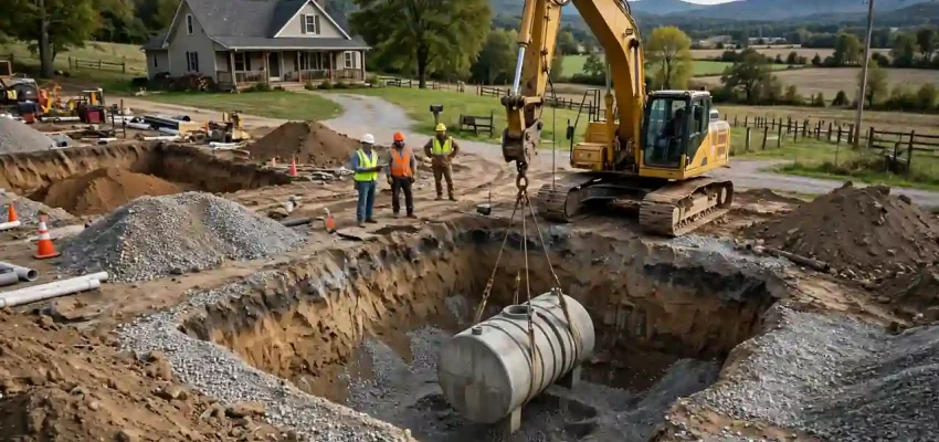 Septic system replacement cost: excavator lowering a concrete septic tank into a pit at a rural home