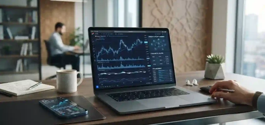 Cryptocurrency charts and blockchain symbols displayed on a financial research desk with subtle Islamic geometric design elements