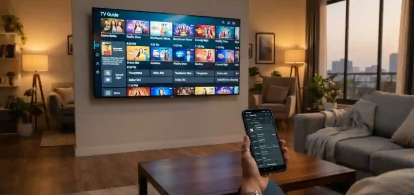Modern television showing an Indian entertainment program with a digital TV schedule visible nearby