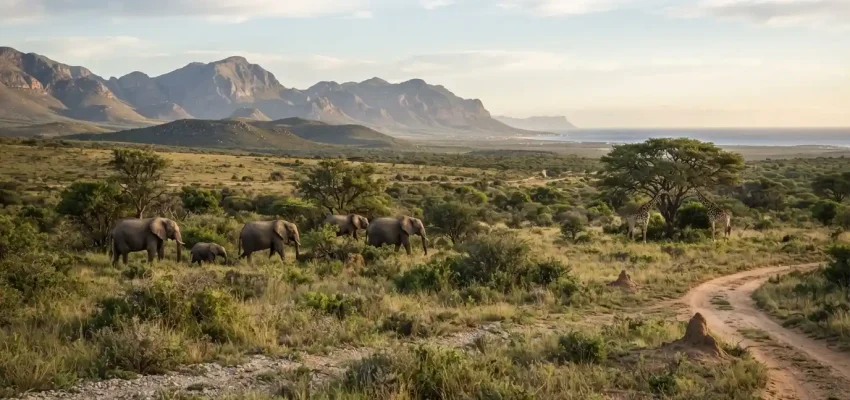 South African safari landscape with wildlife and mountains in the background