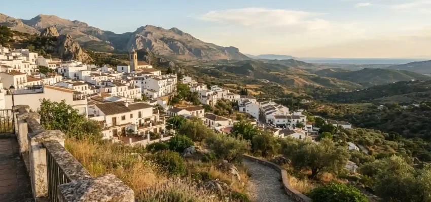 Whitewashed Andalusian town overlooking the Mediterranean landscape in southern Spain