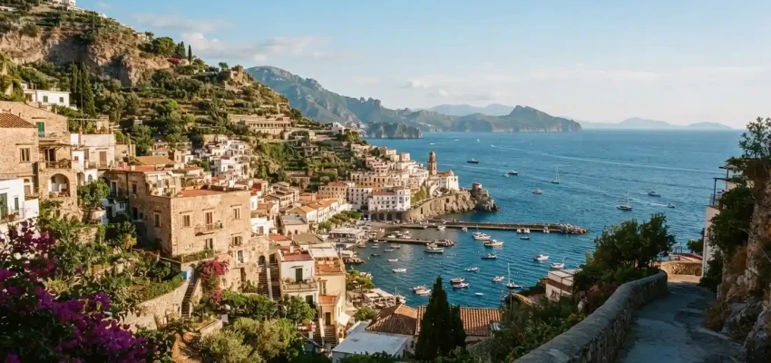 Mediterranean coastal town with historic architecture and blue sea in Southern Europe