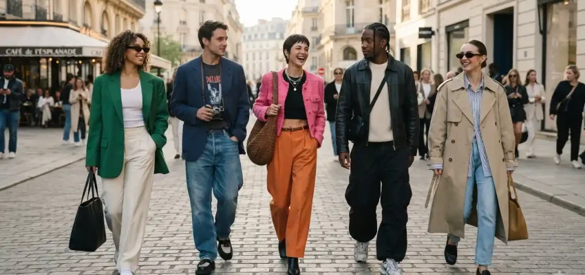 Fashionable adults wearing colorful spring outfits and oversized tailoring on a city street