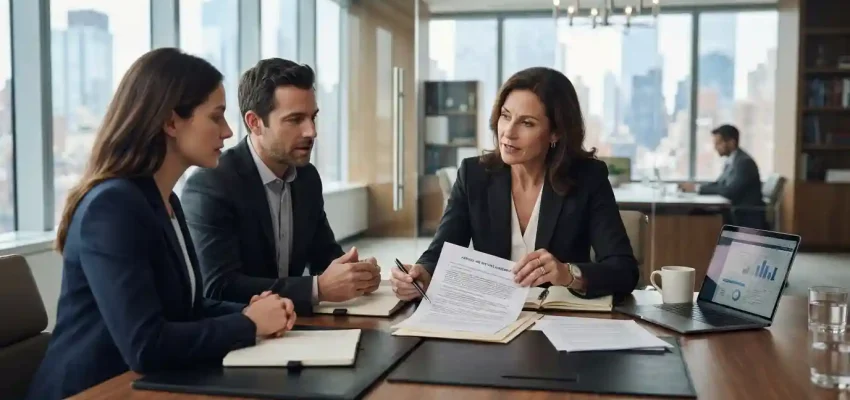 Attorney reviewing corporate legal documents with business executives in a modern office
